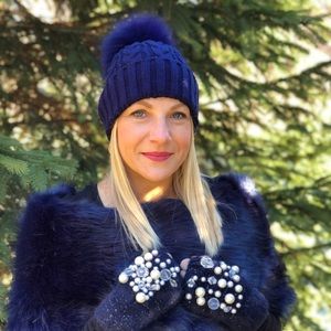 Navy fingerless gloves with pearl embellishments